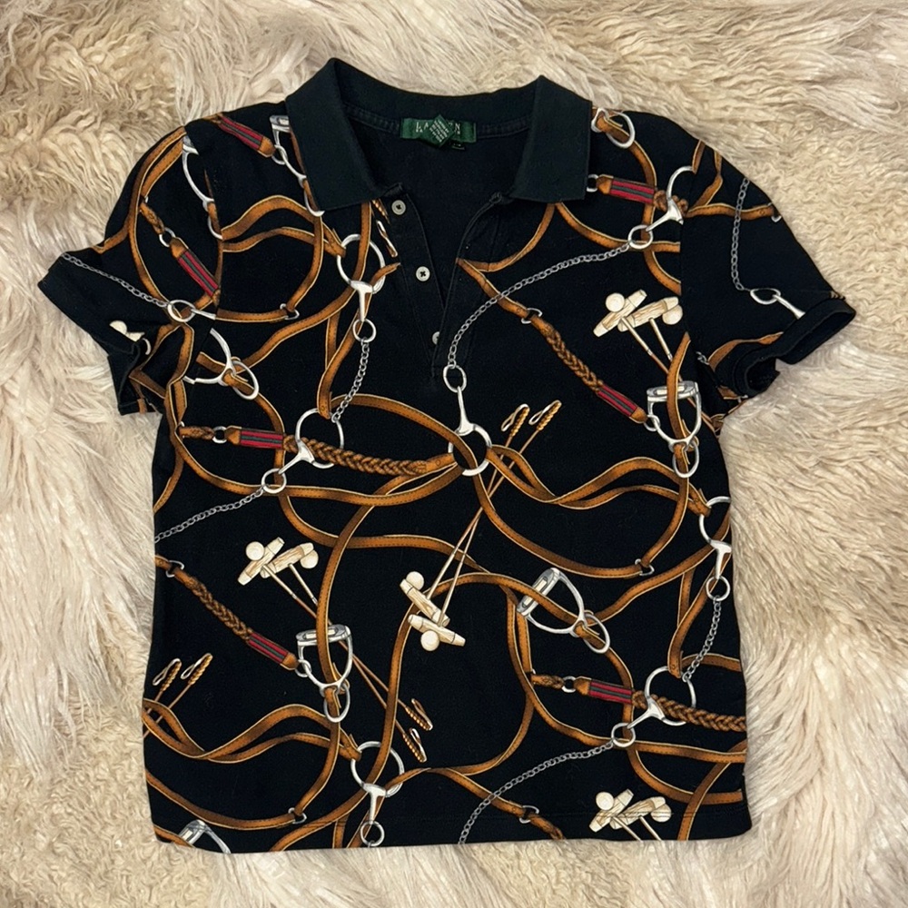 Lauren Ralph Lauren Black and Brown Buttoned Polo Shirt